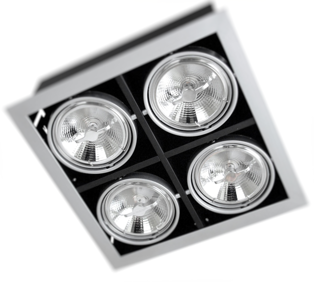 Светодиодные встраиваемые карданные светильники серии PEGASUS LED 3x с четырьмя ячейками. В каждой ячейке карданный подвес с зеркальным отражателем.
